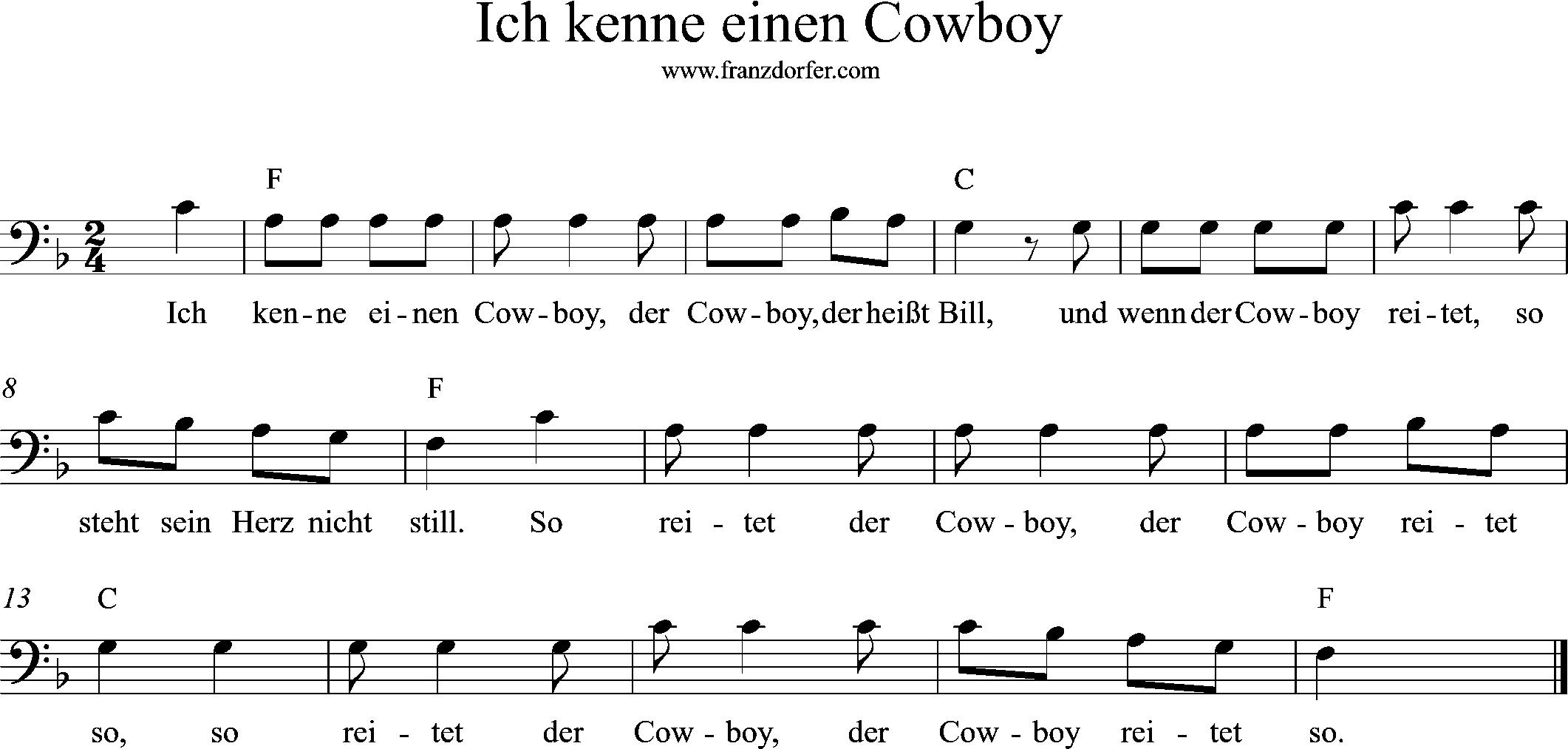 Noten, Bassschlüssel, F-Dur, Ich kenne einen Cowboy